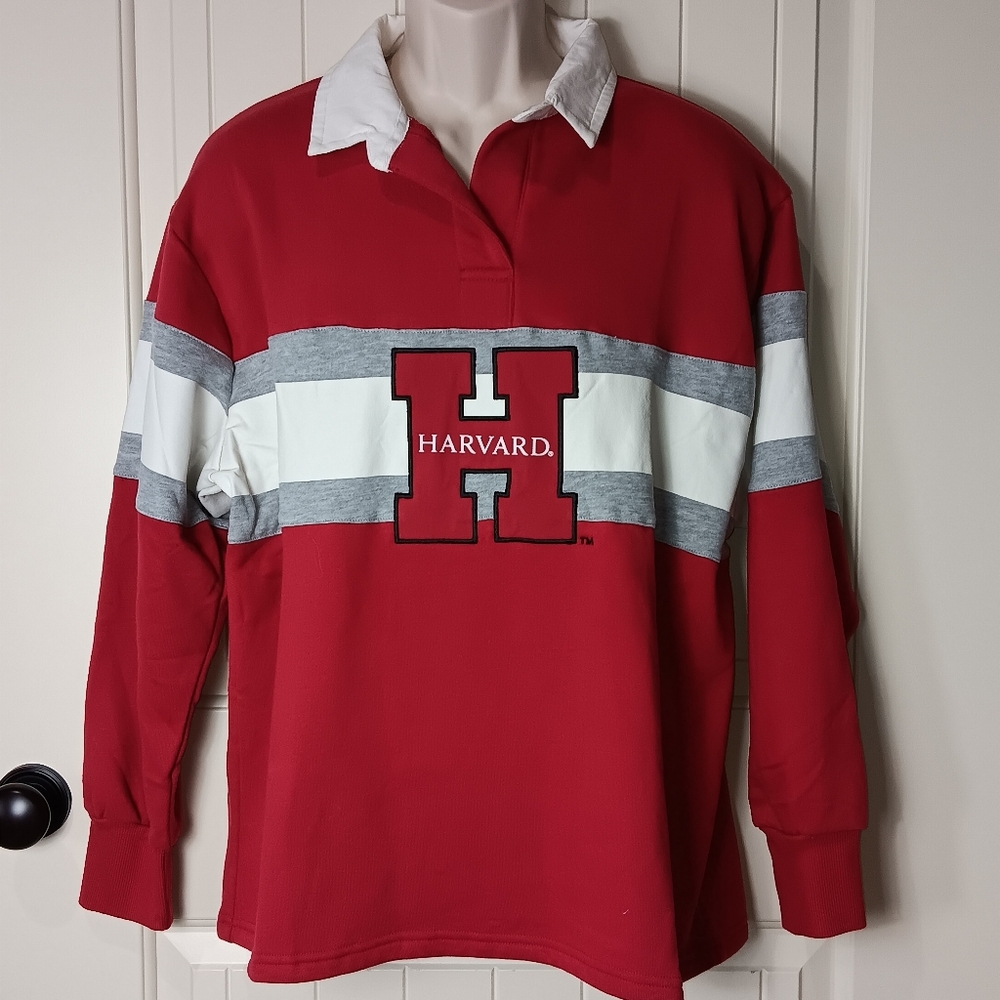Harvard University Men's Rugby Polo Shirt Colorblock Barbarian Crimson Striped L